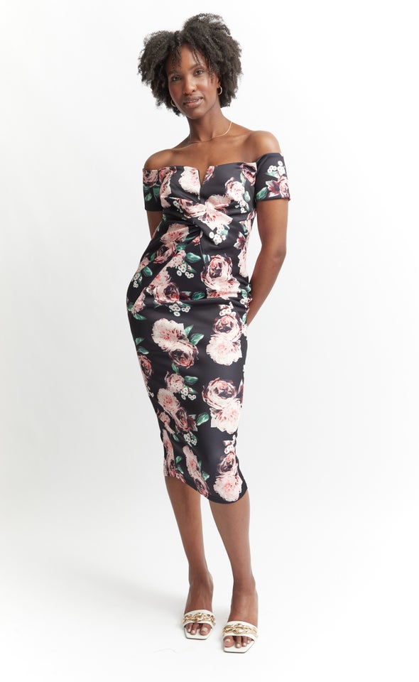 Floral Scuba Notch Neck Dress Black Floral