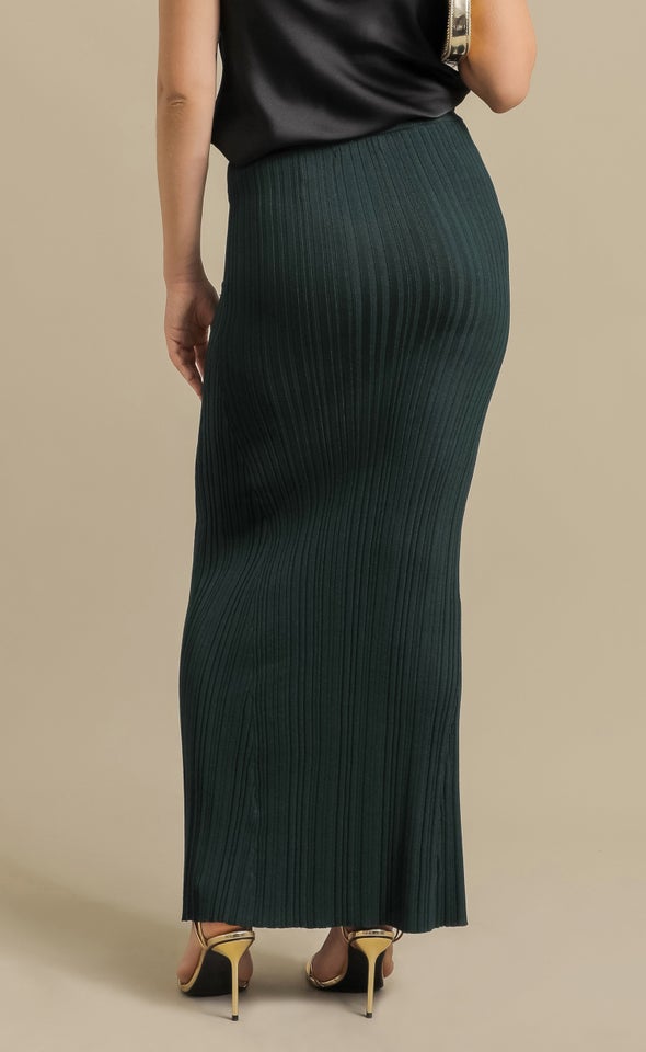 Fluted Hem Ribbed Maxi Skirt Dark Emerald