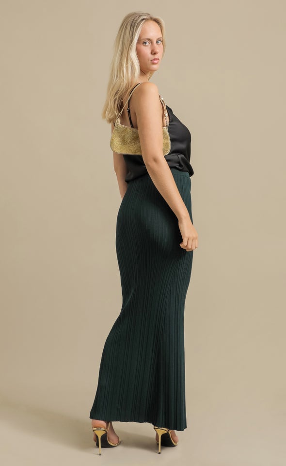 Fluted Hem Ribbed Maxi Skirt Dark Emerald