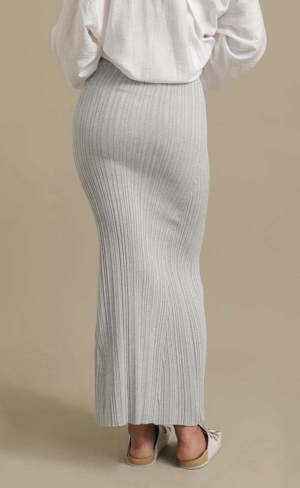 Fluted Hem Ribbed Maxi Skirt Grey Marle