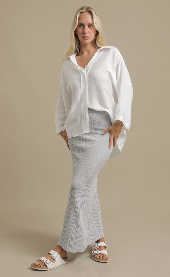 Fluted Hem Ribbed Maxi Skirt Grey Marle