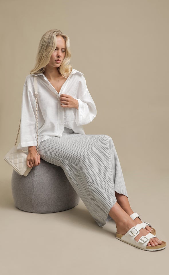 Fluted Hem Ribbed Maxi Skirt Grey Marle
