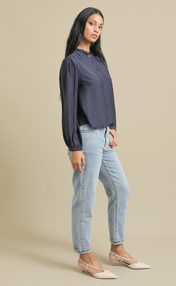 Frill Band Collar Shirt Navy