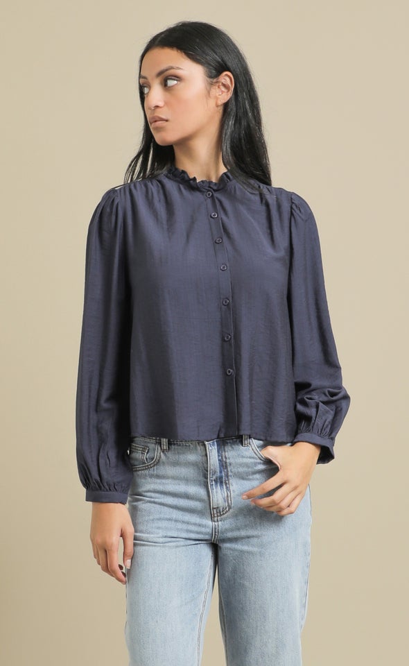 Frill Band Collar Shirt Navy