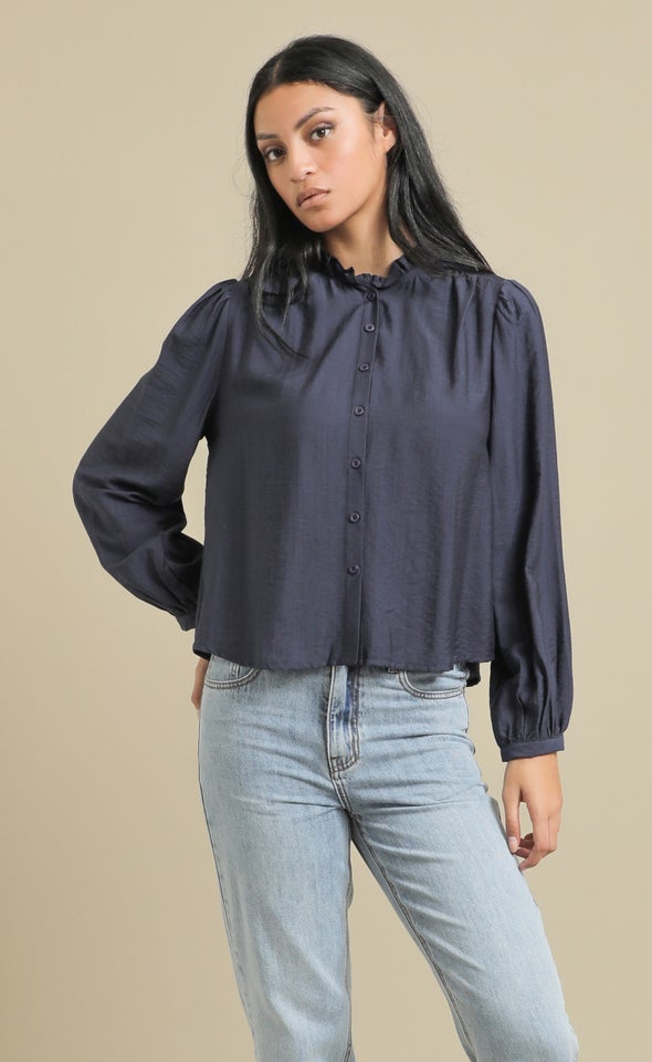 Frill Band Collar Shirt Navy