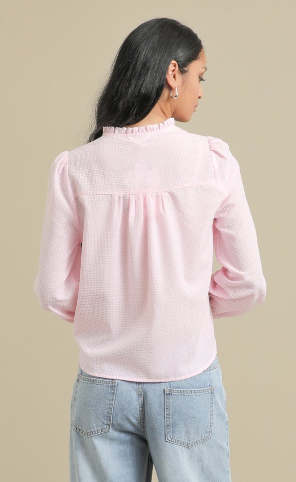 Frill Detail Gingham Shirt Cream/pink