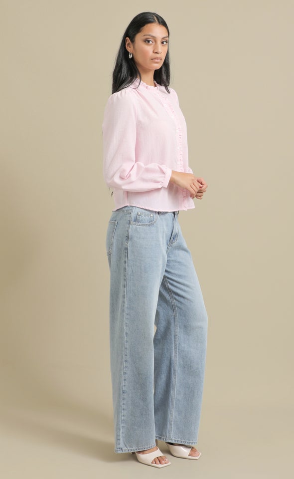 Frill Detail Gingham Shirt Cream/pink