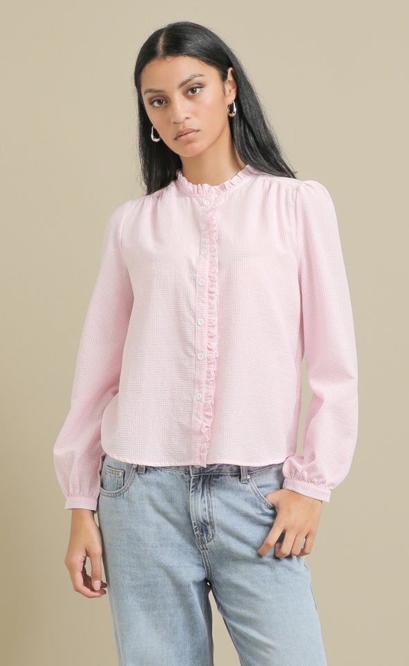 Frill Detail Gingham Shirt Cream/pink