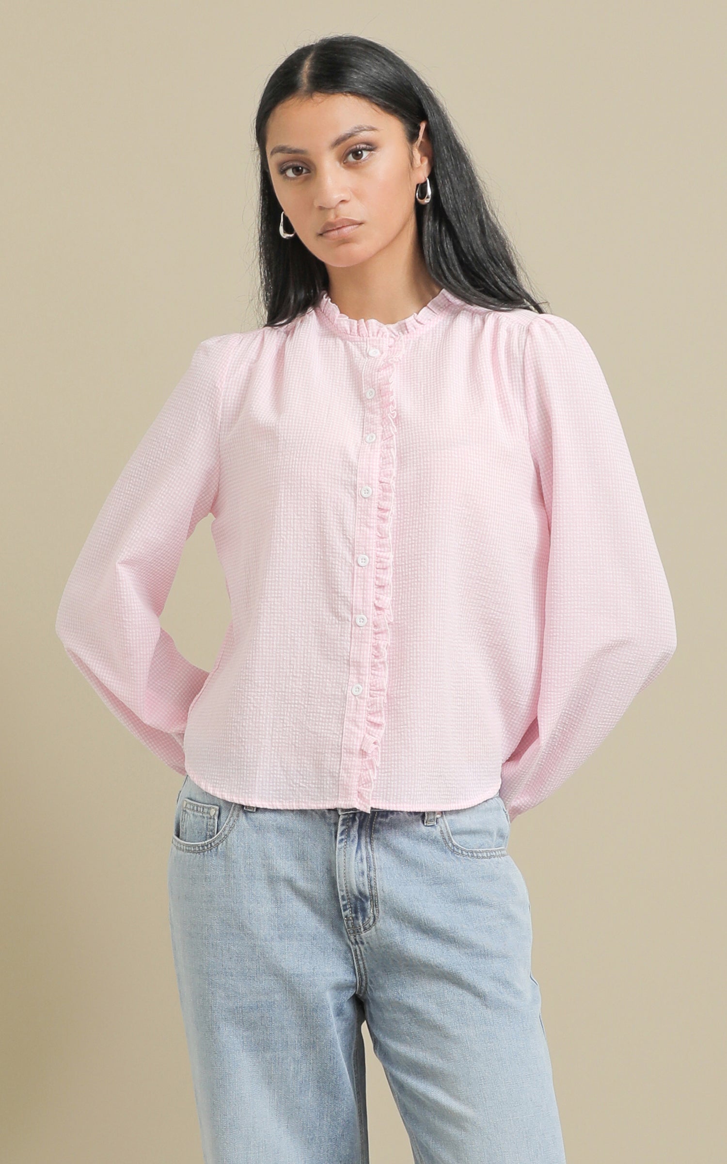 Shop our Frill Detail Gingham Shirt in Cream/pink | Pagani