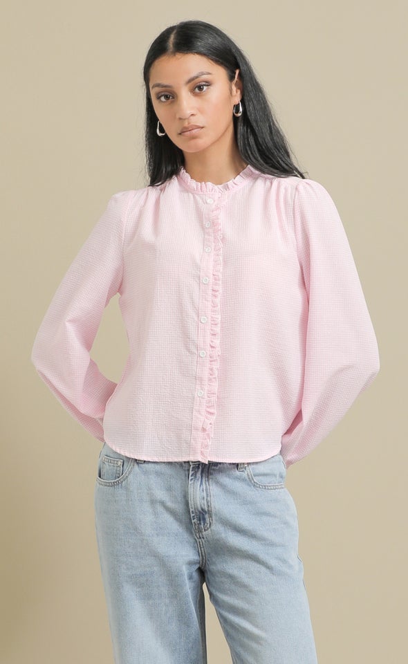 Frill Detail Gingham Shirt Cream/pink