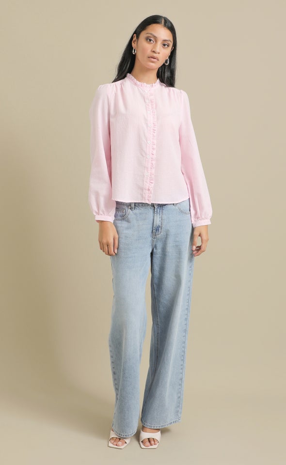 Frill Detail Gingham Shirt Cream/pink