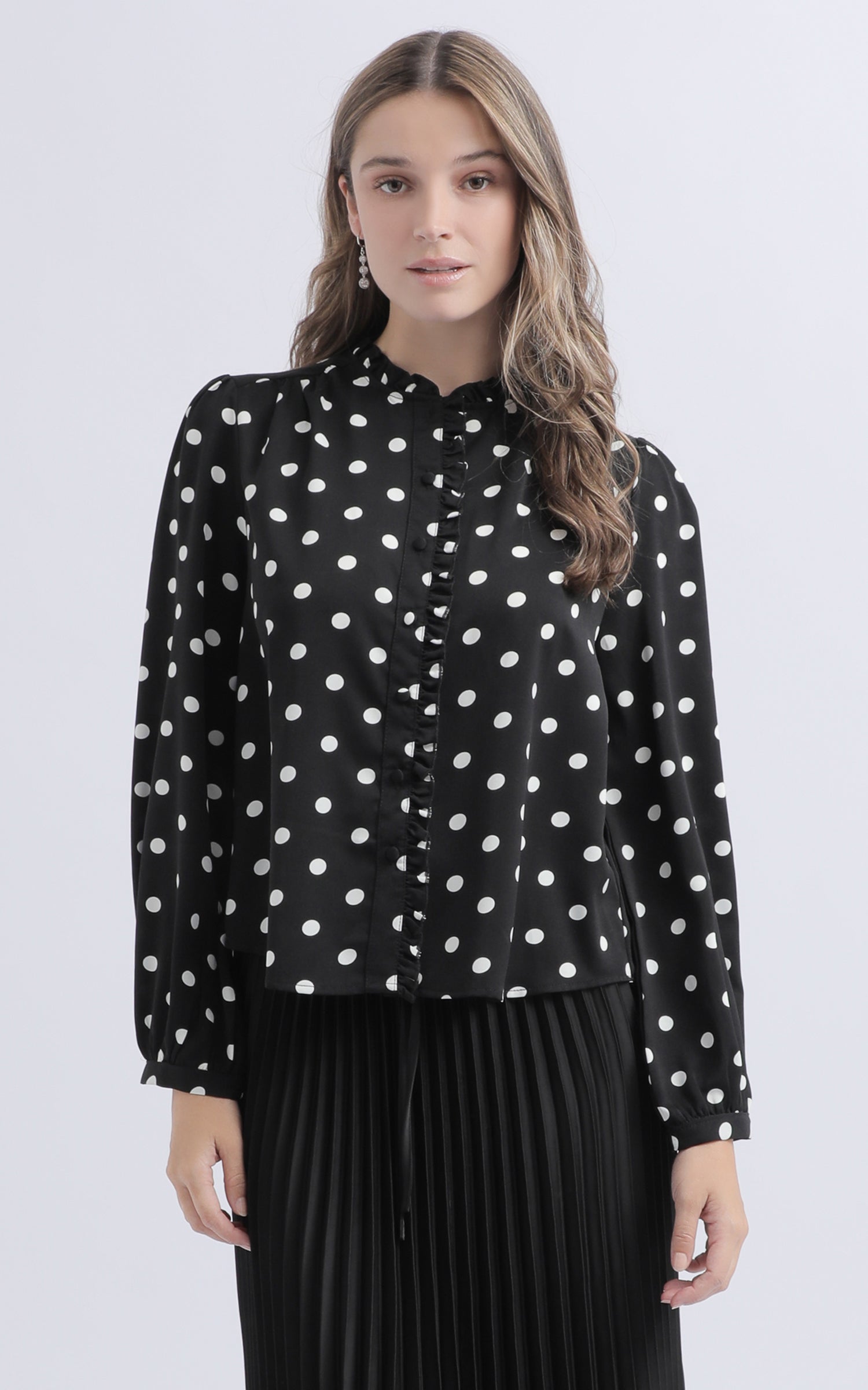 Shop our Frill Detail Polka Dot Shirt in Black/white | Pagani