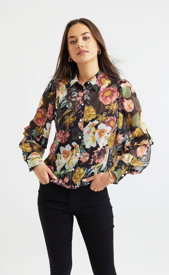 Frill Detail Printed Shirt Black/floral