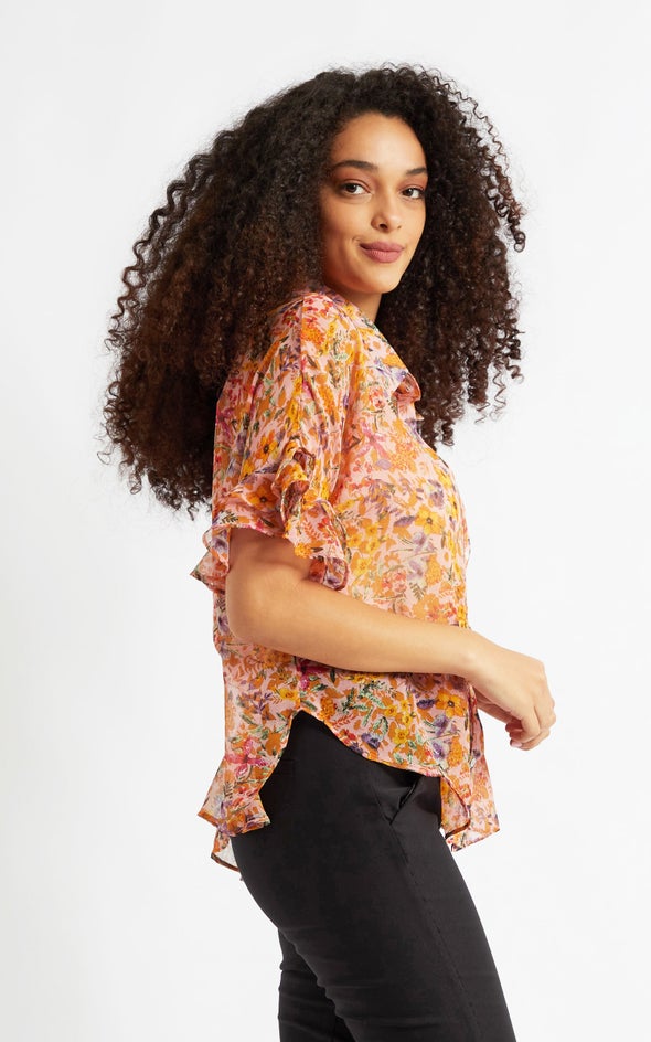 Frill Sleeve Floral Shirt Pink Floral