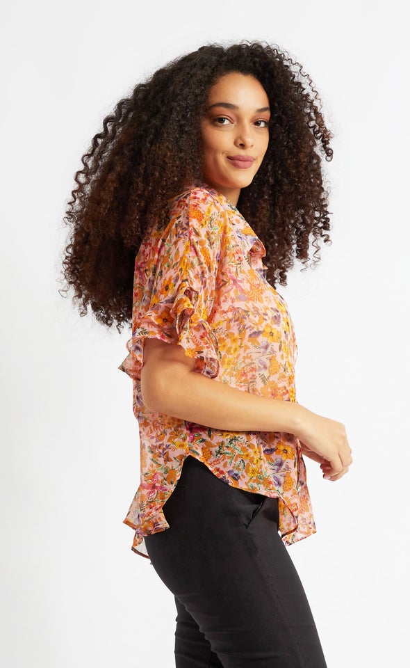Frill Sleeve Floral Shirt Pink Floral