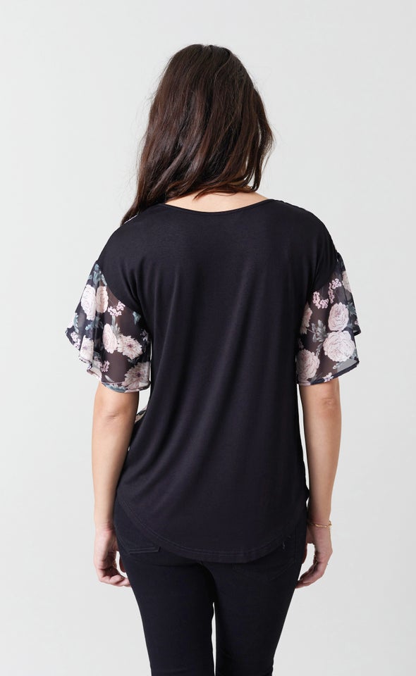 Frill Sleeve Jersey Back Tee Blk Floral