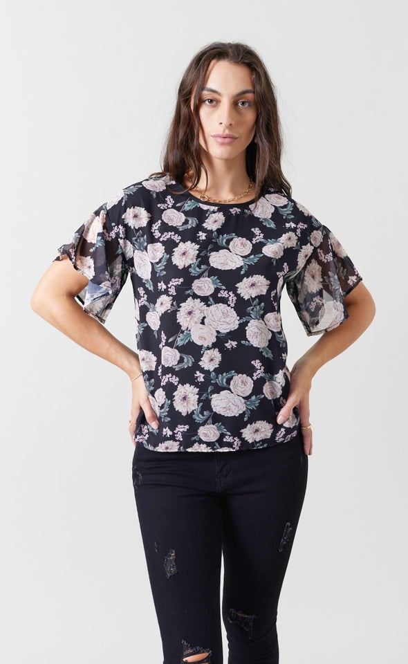 Frill Sleeve Jersey Back Tee Blk Floral
