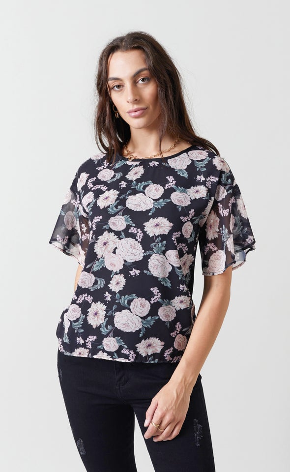 Frill Sleeve Jersey Back Tee Blk Floral