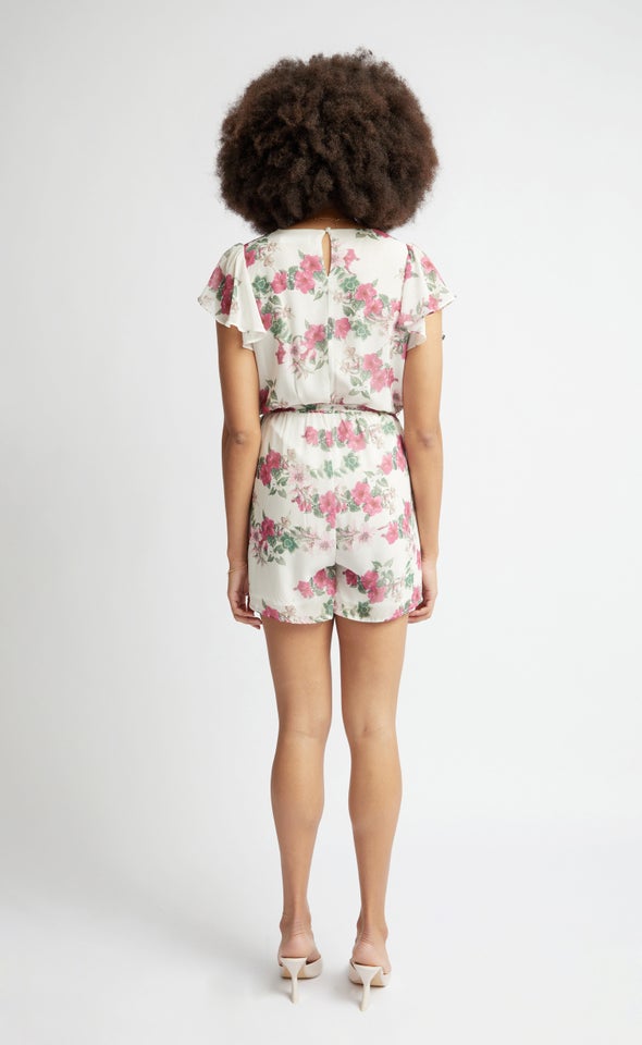 Frill Sleeve Printed Playsuit Cream/floral
