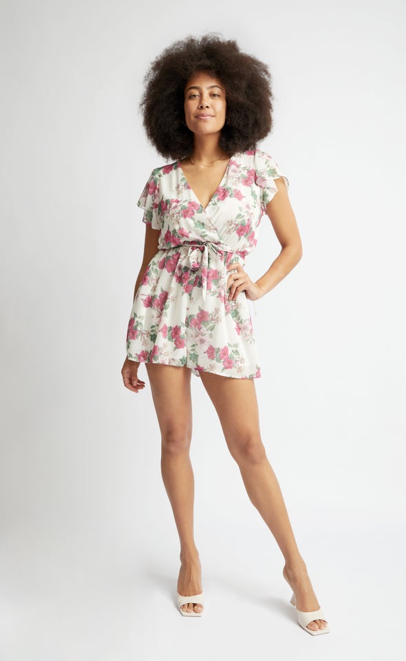 Frill Sleeve Printed Playsuit Cream/floral
