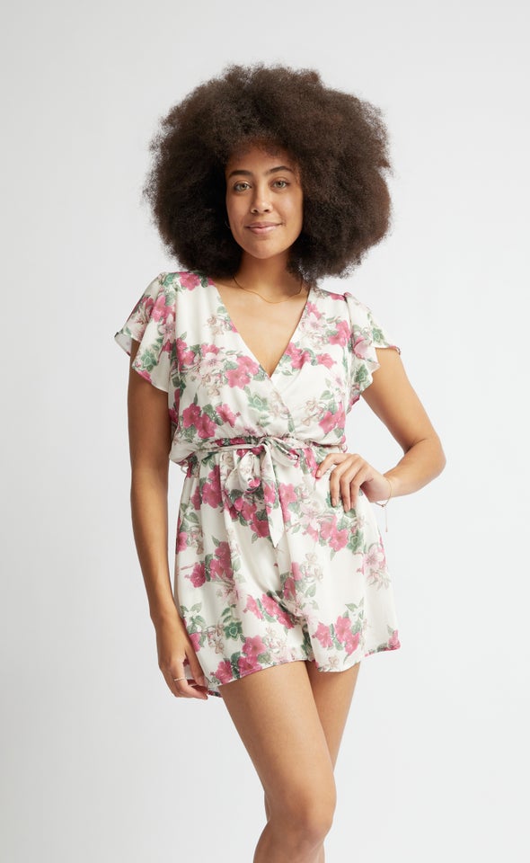 Frill Sleeve Printed Playsuit Cream/floral