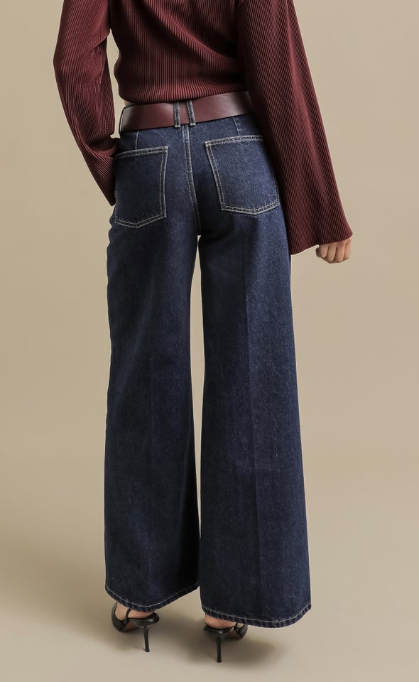 Front Crease Wide Leg Jeans Dark Wash