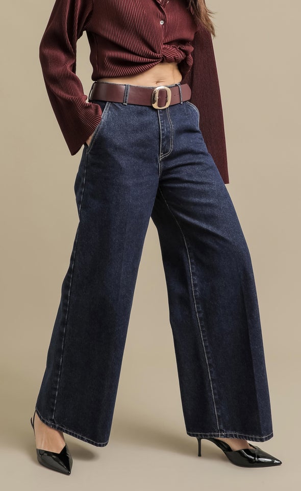 Front Crease Wide Leg Jeans Dark Wash