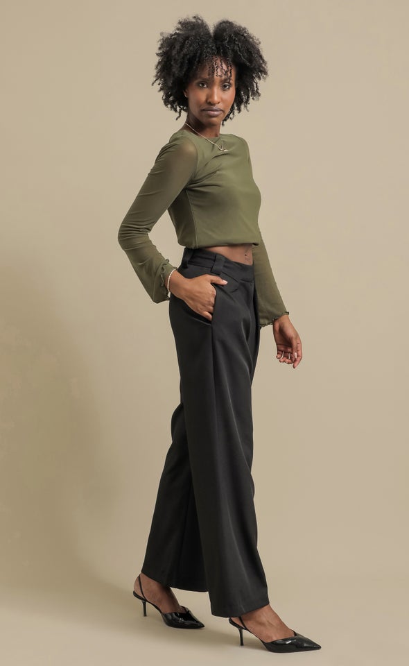 Front Fold Detail Wide Pants Black
