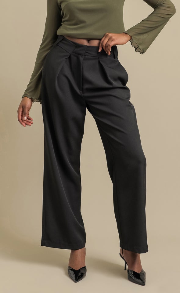 Front Fold Detail Wide Pants Black