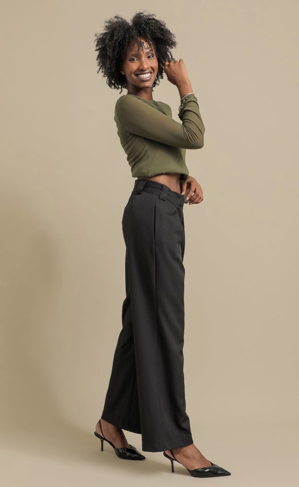 Front Fold Detail Wide Pants Black