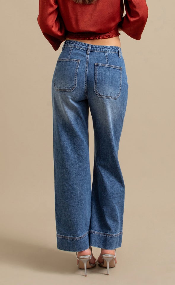Front Pocket High Waist Wide Jeans Mid Blue