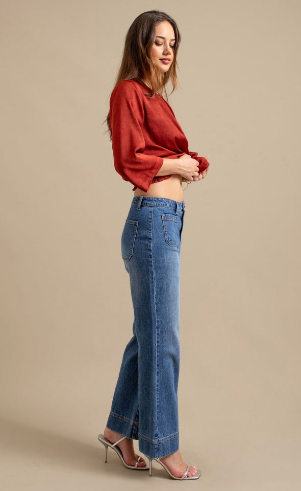 Front Pocket High Waist Wide Jeans Mid Blue