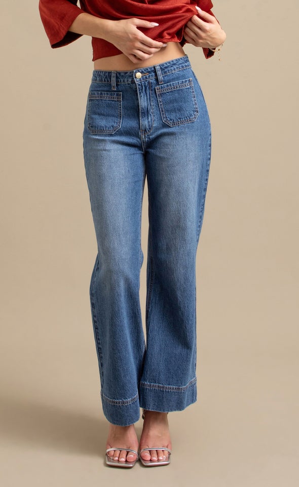 Front Pocket High Waist Wide Jeans Mid Blue