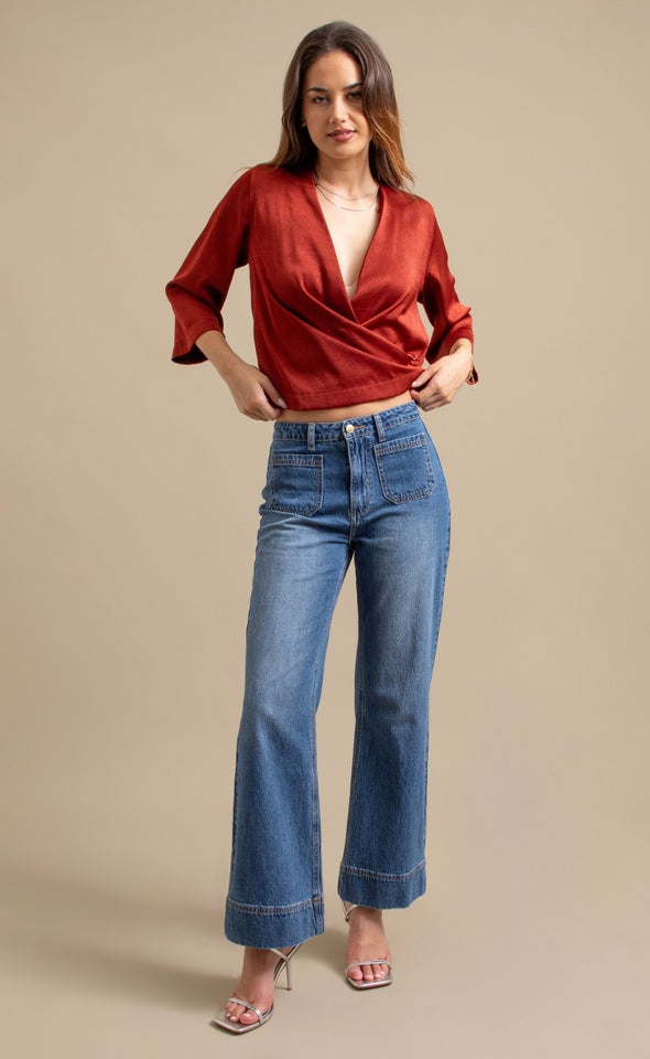 Front Pocket High Waist Wide Jeans Mid Blue