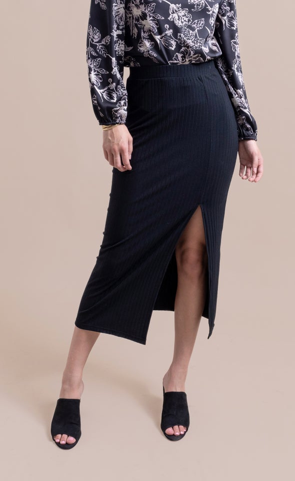 Front Split Rib Midi Skirt Black