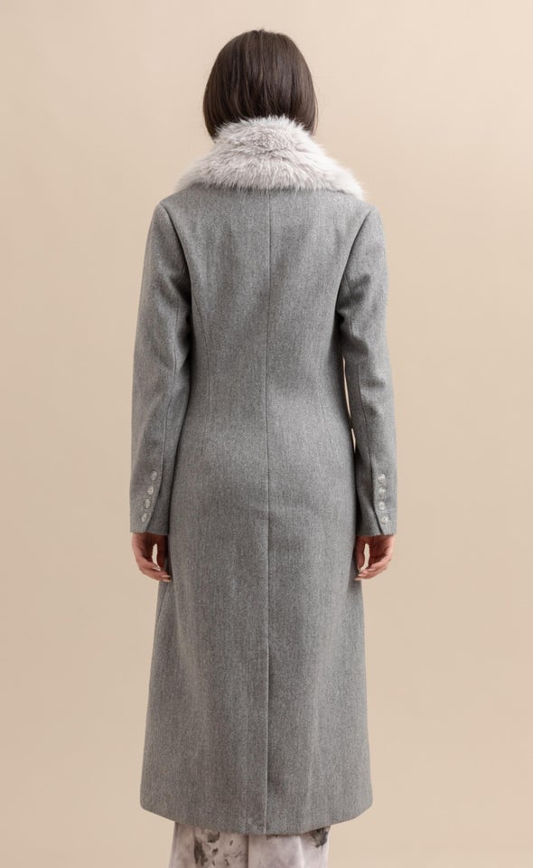 Fur Trim Long Coat Grey Marle