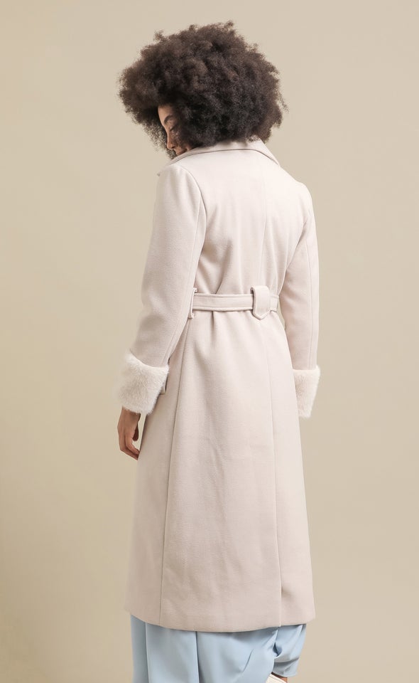 Fur Trim Longline Coat Light Camel