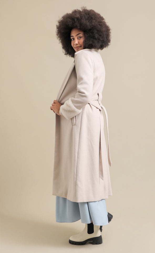 Fur Trim Longline Coat Light Camel