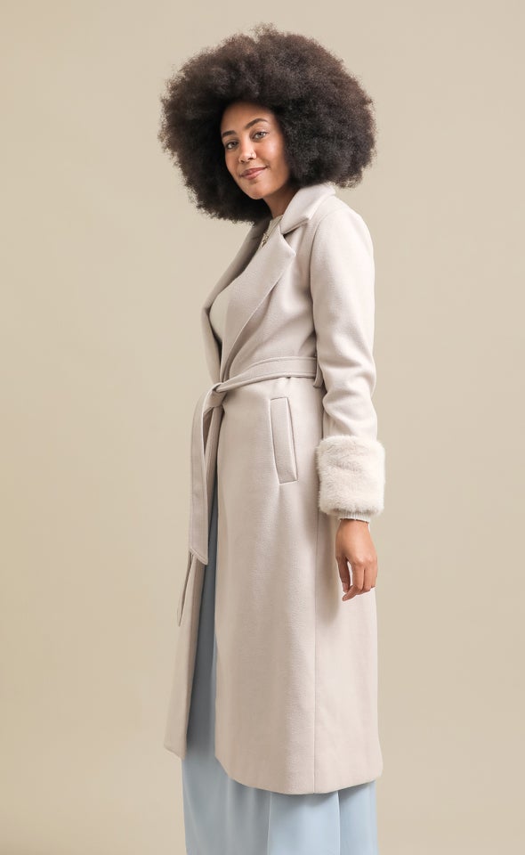 Fur Trim Longline Coat Light Camel