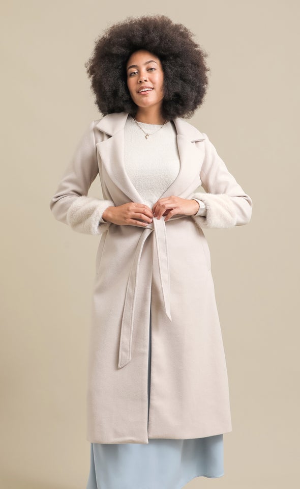 Fur Trim Longline Coat Light Camel
