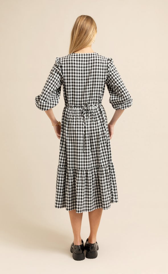 Gingham Button Detail Midi Dress Black/cream