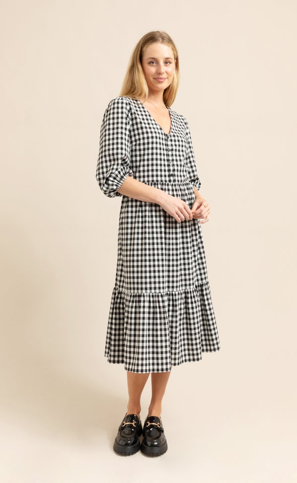 Gingham Button Detail Midi Dress Black/cream