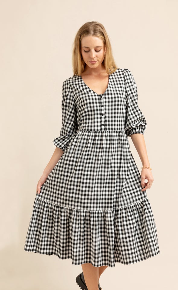 Gingham Button Detail Midi Dress Black/cream