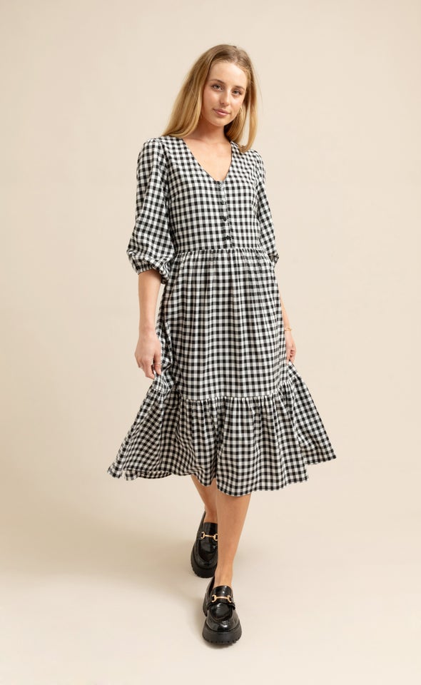 Gingham Button Detail Midi Dress Black/cream