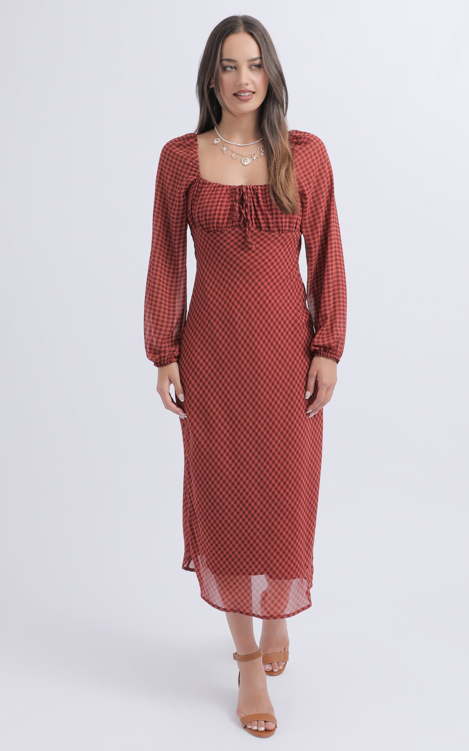 Shop our Gingham Chiffon Milkmaid Dress in Maroon/rose | Pagani Shop our Gingham Chiffon Milkmaid Dress in Maroon/rose | Pagani