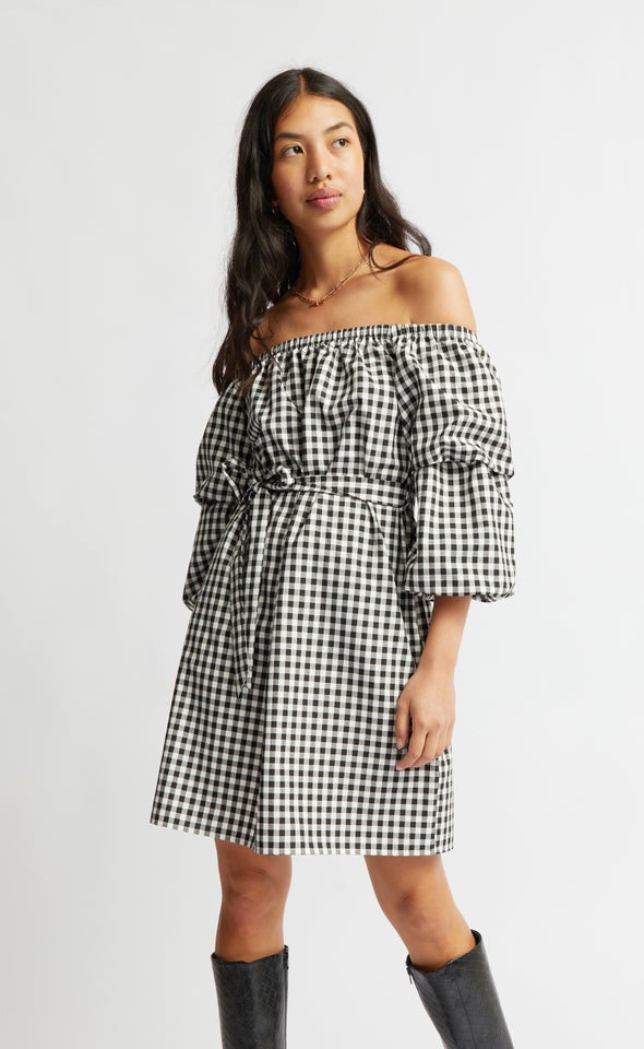 Gingham Off The Shoulder Dress Black/cream
