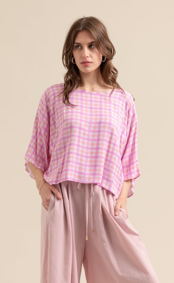 Gingham Poplin Batwing Top Pagani