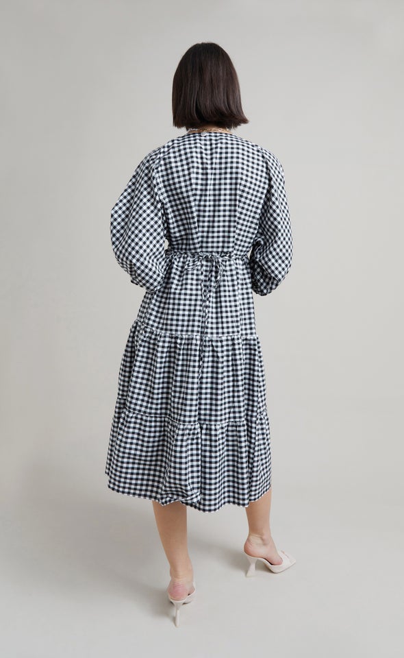Gingham Poplin Panelled Midi Dress Black/cream