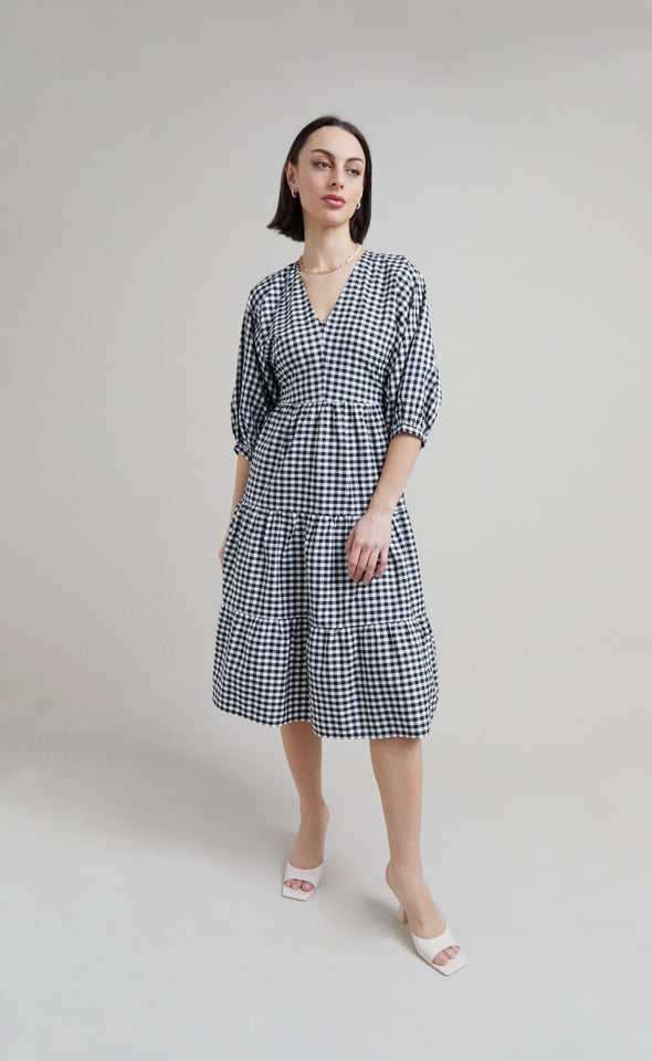 Gingham Poplin Panelled Midi Dress Black/cream