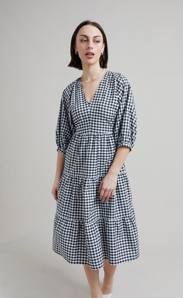 Gingham Poplin Panelled Midi Dress Black/cream